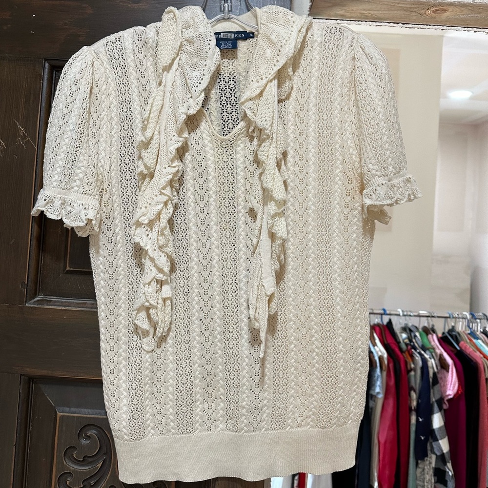 Ralph Lauren crochet ruffle bow blouse